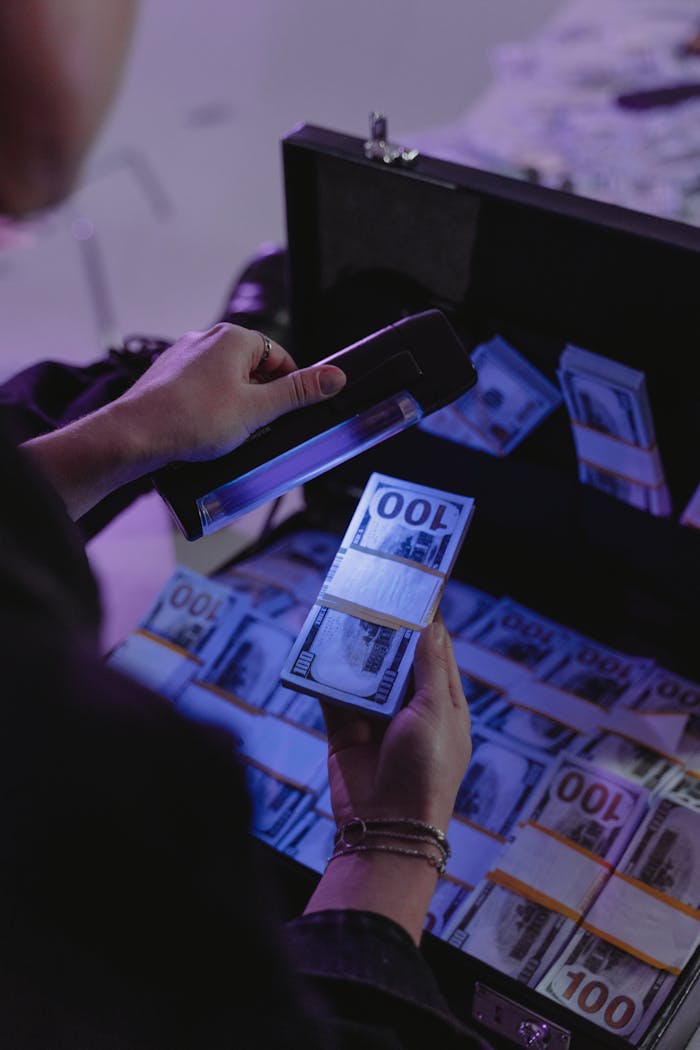 services-05 A person examining hundred dollar bills under UV light in a briefcase, ensuring authenticity.